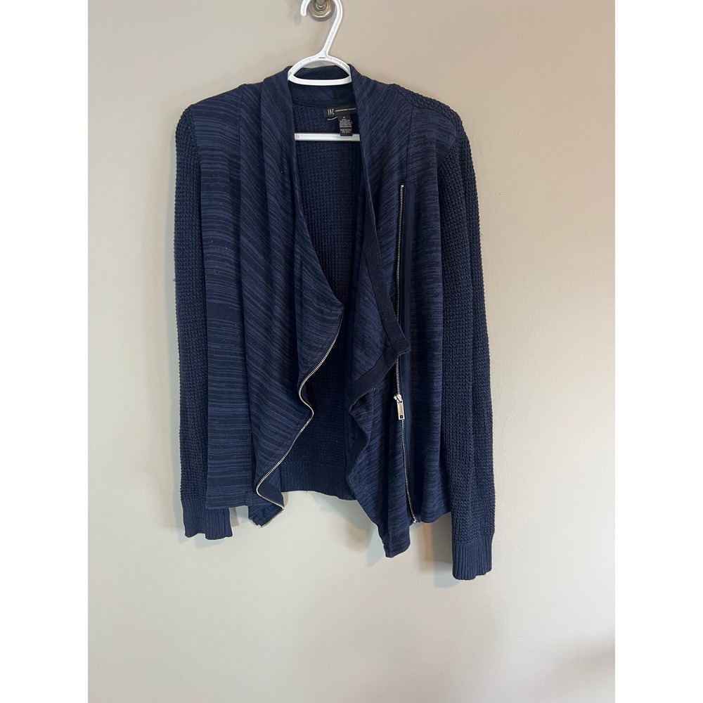 INC International Concepts Navy Blue Mixed Knit Asymmetrical Zip Cardigan M